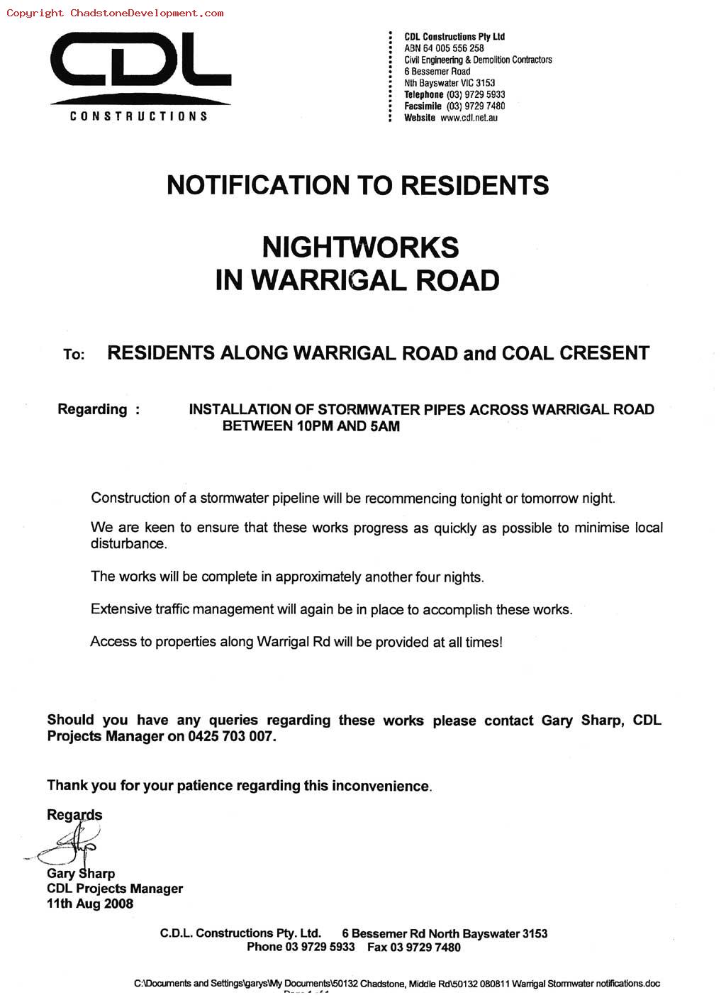 CDL warrigal roadworks notice - Chadstone Development Discussions