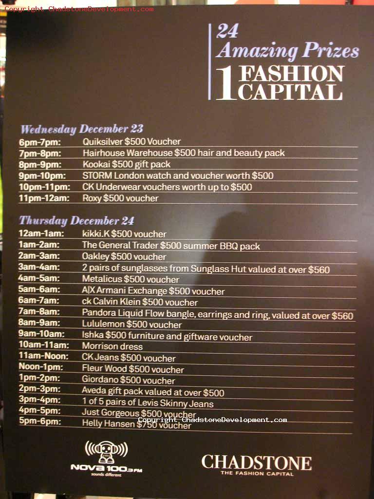 List of prizes at Nova's 24 hour shopping broadcast - Chadstone Development Discussions