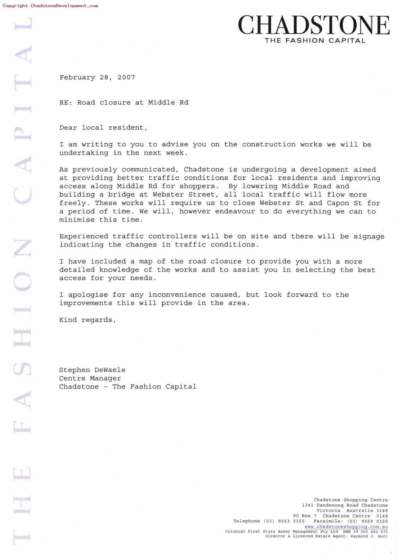 February 2007 - Official Letter (Side 1) - Chadstone Development Discussions